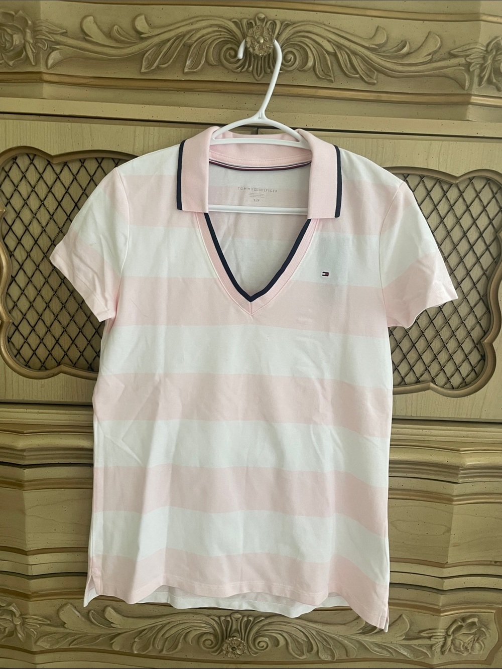 Tommy Hilfiger Light Pink & White Striped V-Neck Polo